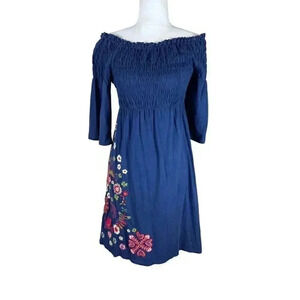 Johnny Was Embroidered Blue Floral Smock Peasant Cotton Dress Size XS